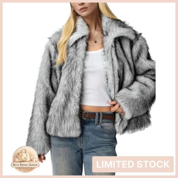 Faux Fur Jacket Lapel Fluffy Open Front Shaggy Winter Coat Elegant Chic - Picture 2 of 8